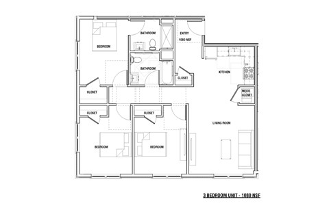 Floor plan for 3 beds, 2 baths, 1200 sqft